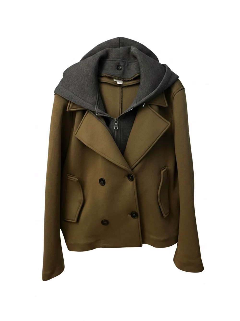 Maeve Olive Green Double-Breasted Peacoat with Gray Hooded Insert
